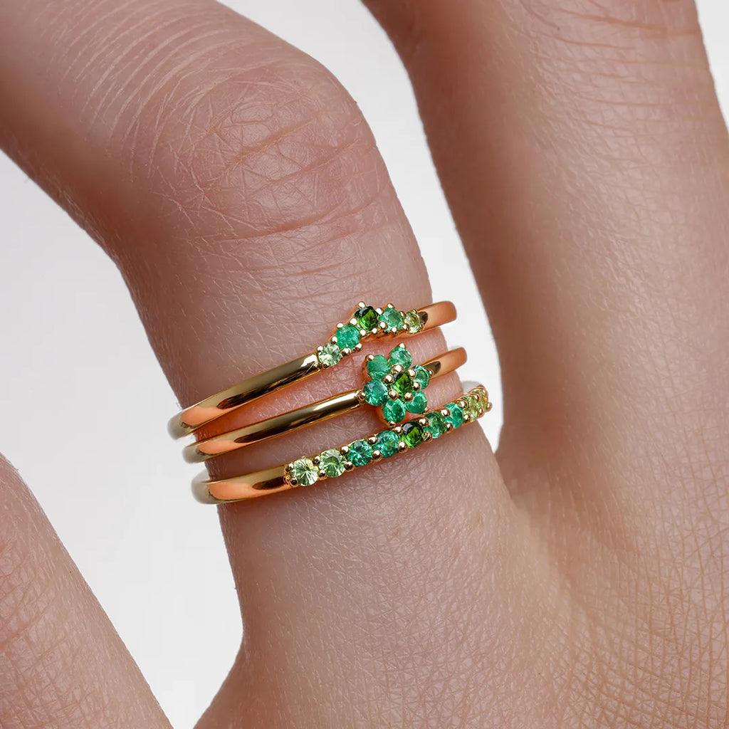Bagues émeraude collection Canopée Mayuri, stacking Surya, Anaya et Kiran en or 18 carats avec dégradé tsavorite et émeraude
