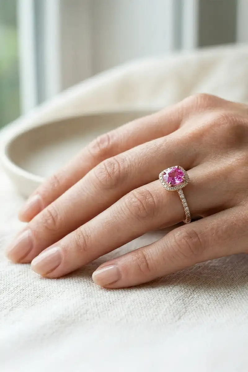 Bague de fiancailles en saphir rose et or jaune 18 carats, portee a la main, detail du sertissage griffe
