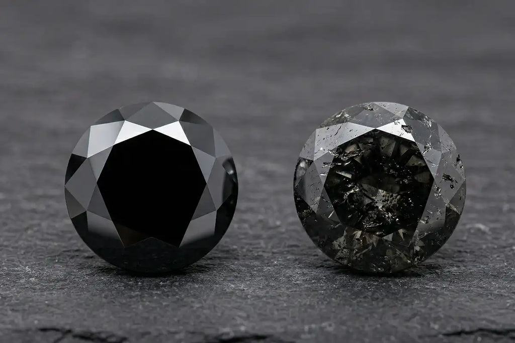 Comparatif gemmologique entre un diamant noir traité et un diamant noir naturel à inclusions