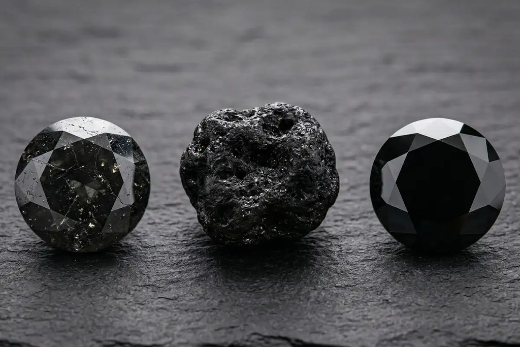 Les trois types de diamants noirs : naturel à inclusions, carbonado et traité, comparatif gemmologique