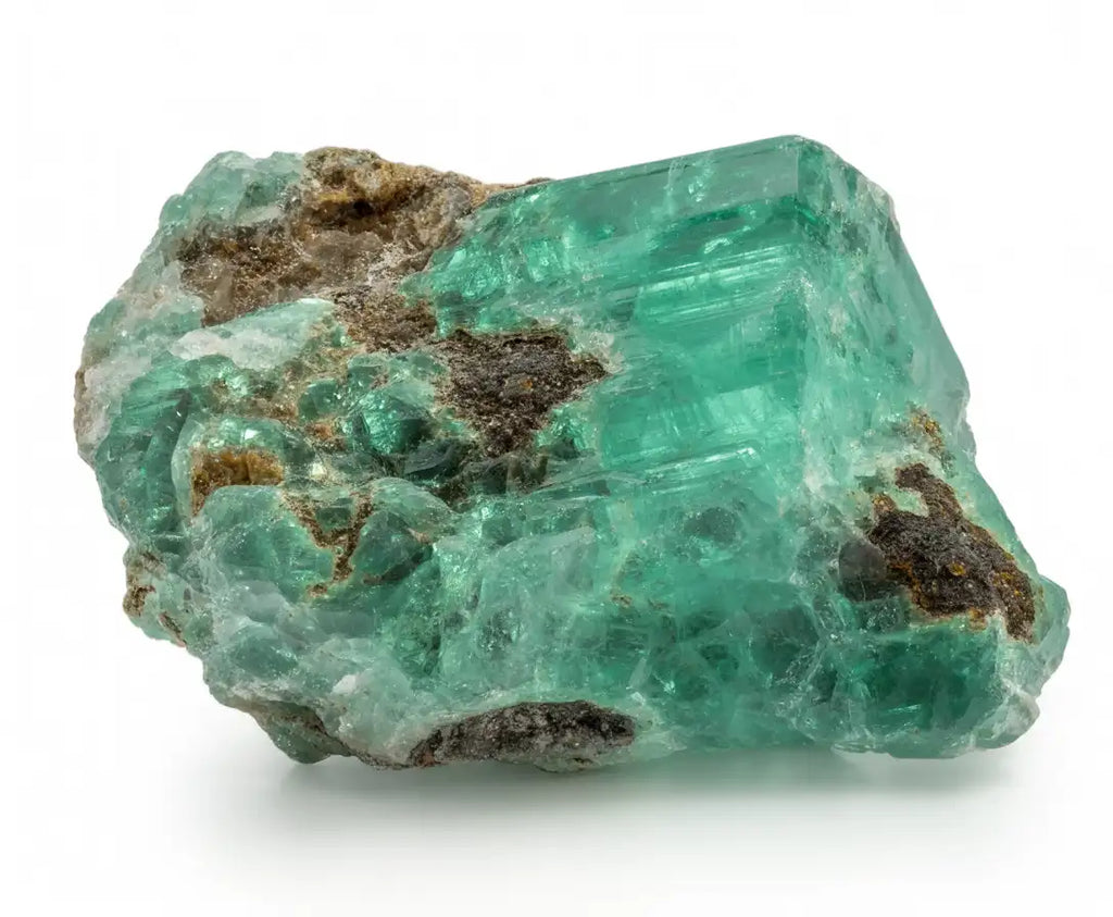 Spécimen d'émeraude brute montrant le prisme hexagonal caractéristique du béryl