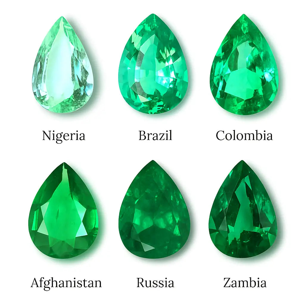 Carte des principales origines des émeraudes : Colombie, Brésil, Zambie