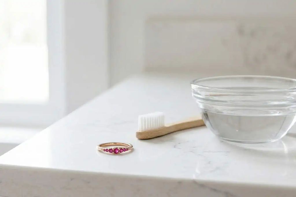 Entretien bague rubis à la maison, brosse douce et eau tiède savonneuse