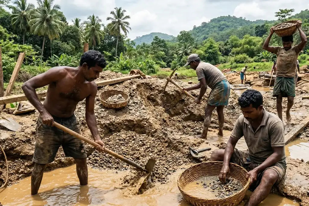 Extraction artisanale de saphirs dans les mines alluviales de Ratnapura, Sri Lanka