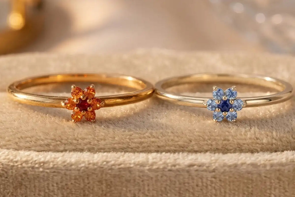 Les deux palettes Mayuri côte à côte : Saphir Sunset (orange-jaune) et Saphir Horizon (bleu-blanc)