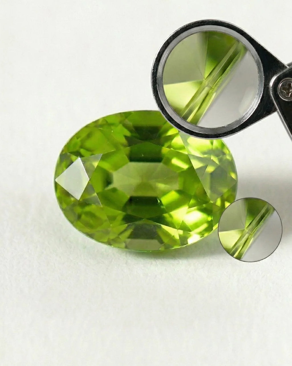 Péridot naturel montrant la double réfraction : dédoublement des arêtes visible à la loupe gemmologique