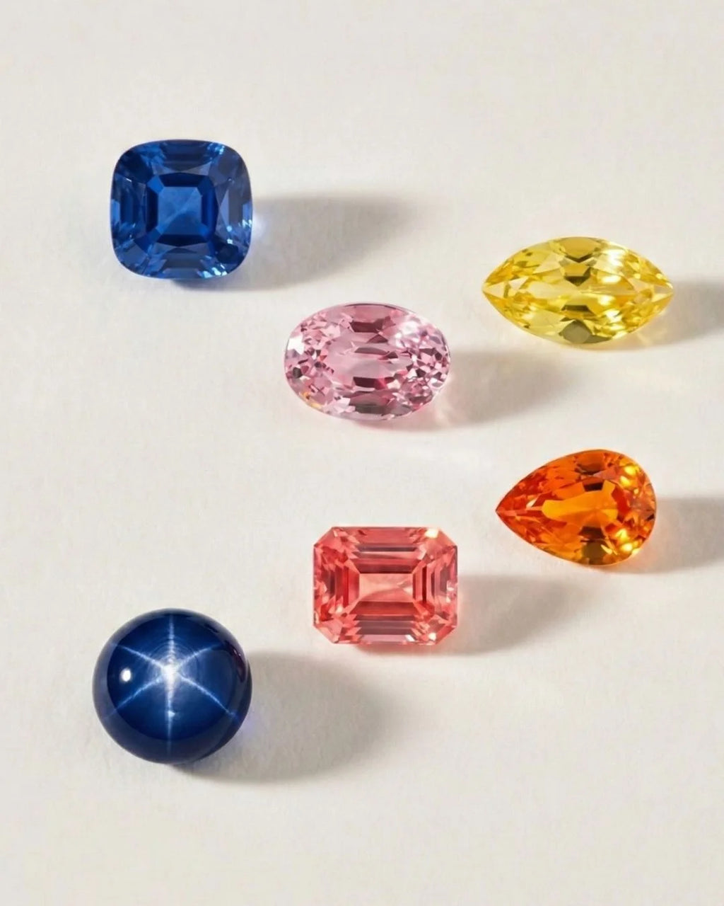 Palette des couleurs du saphir : bleu, rose, jaune, orange, padparadscha et saphir étoilé