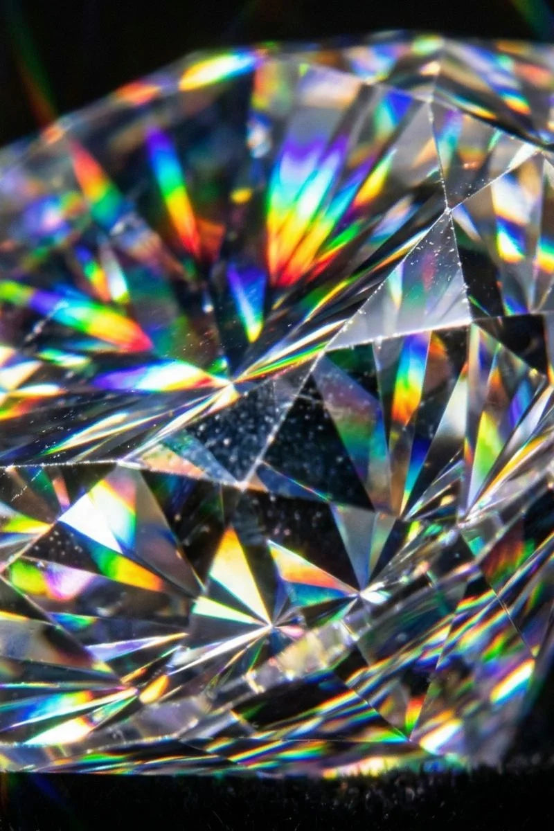 Macro sur les facettes d'un diamant taille brillant, reflets arc-en-ciel