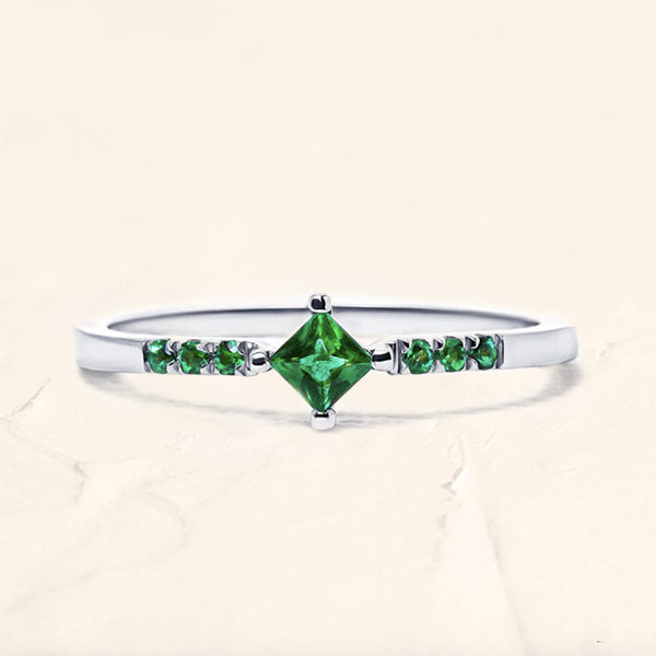 Silver Kali ring, princess cut emerald and emerald pavement