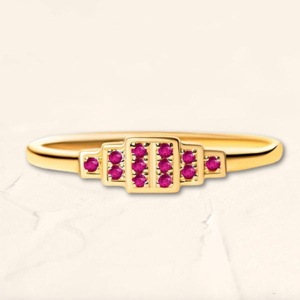 Rectangular geometrical ring in ruby and yellow gold