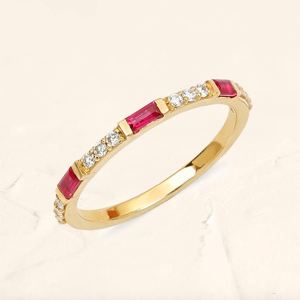 ruby diamond baguette wedding band in yellow gold Moksha