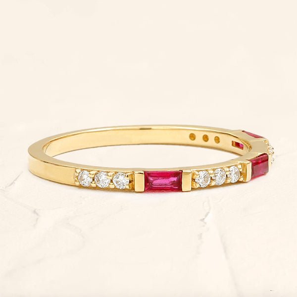 Moksha eternity baguette diamond and ruby ring in yellow gold