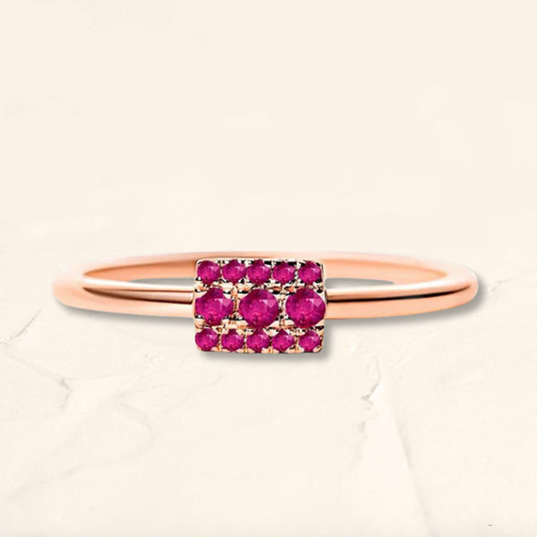 Rectangular Sapna ring in rose gold set with natural rubies