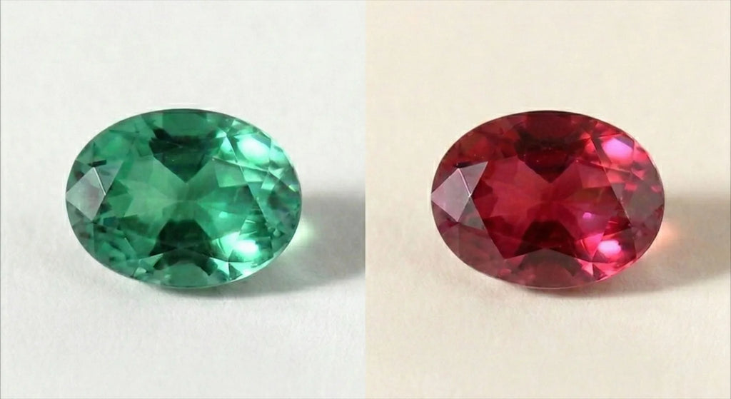 Alexandrite naturelle montrant le changement de couleur : vert en lumière du jour, rouge en lumière artificielle