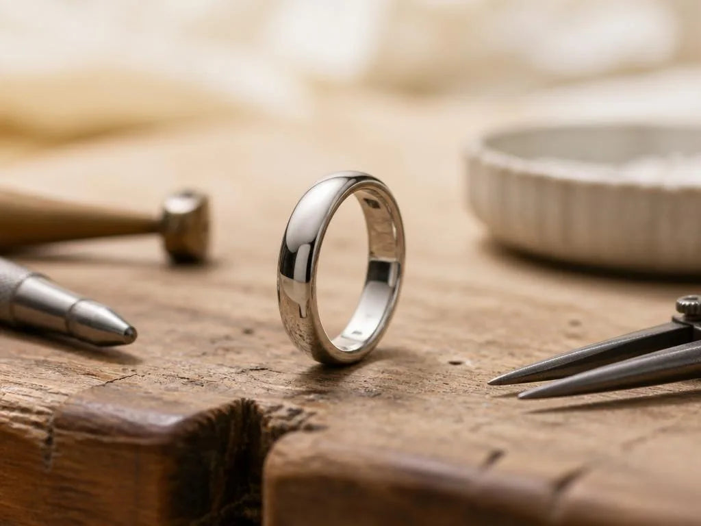 Bague en platine sur l'établi du joaillier, création sur mesure Mayuri
