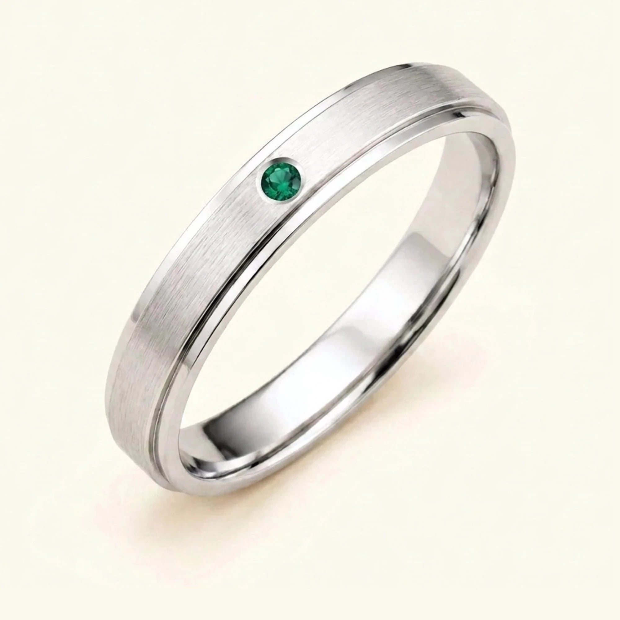 Alliance émeraude or blanc 18 carats homme Dhruva, jonc brossé serti clos