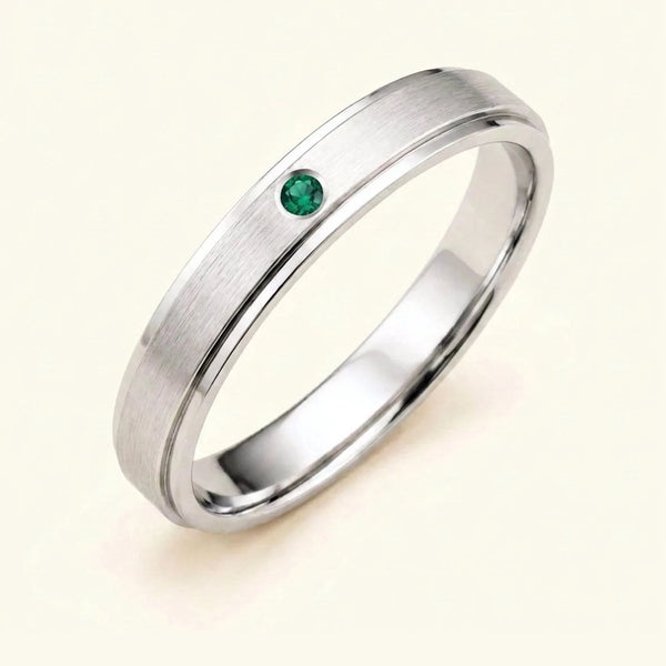 Alliance émeraude or blanc 18 carats homme Dhruva, jonc brossé serti clos
