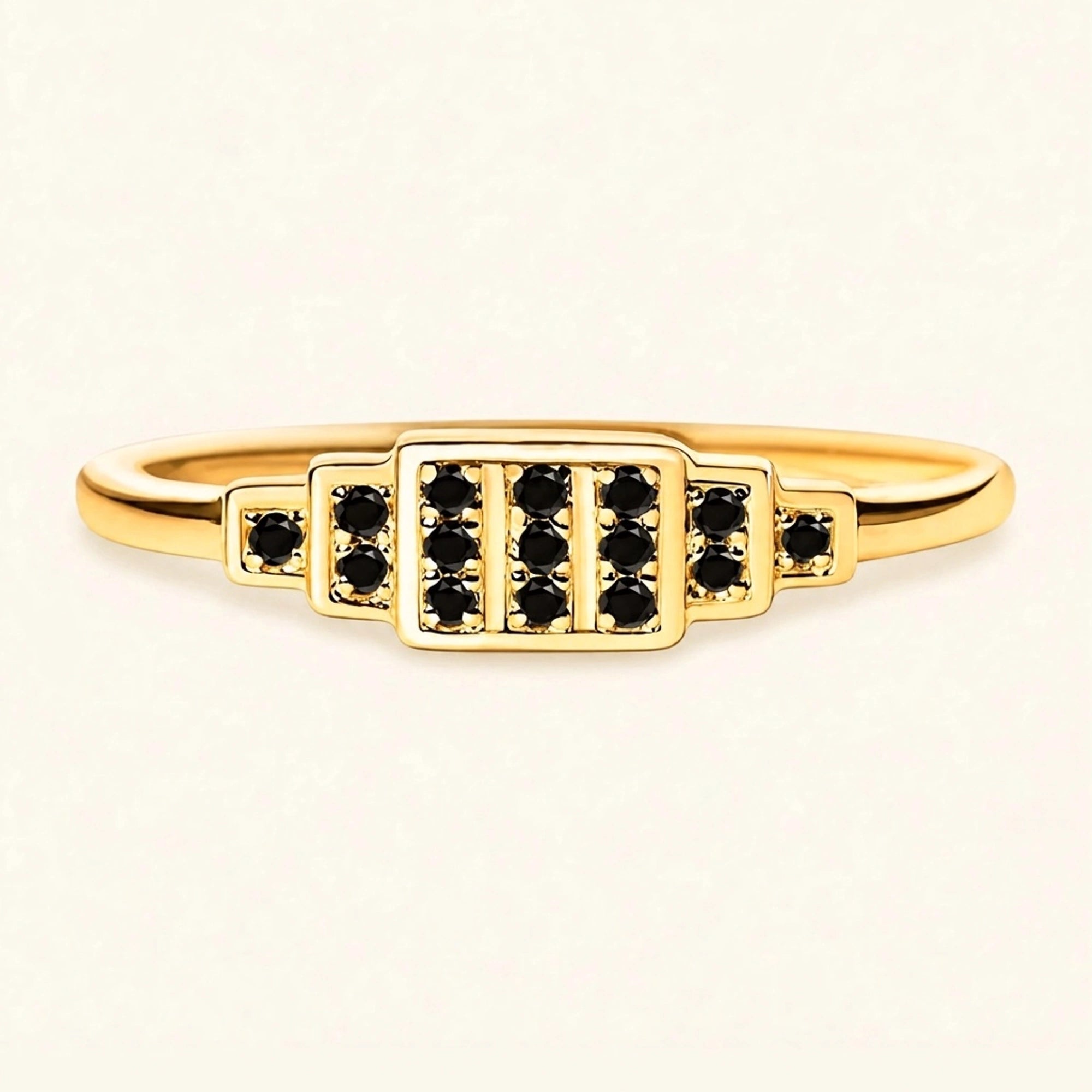 Bague alliance Brami XL géométrique art déco en or jaune sertie de diamants noirs