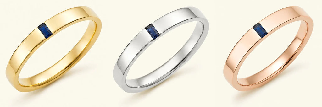 Bague de fiançailles homme Agni en or jaune, or blanc et or rose 18 carats sertie d'un saphir baguette