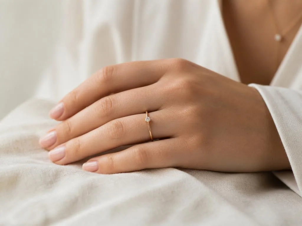 Main féminine élégante portant une bague solitaire fine en or 18 carats sur tissu lin naturel, style minimaliste par Mayuri