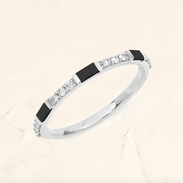 Semi eternity black and white diamond wedding ring in white gold