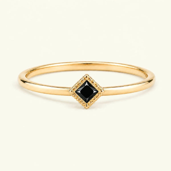 Bague de fiançailles vintage Indrani, solitaire diamant noir taille princesse 4 mm serti torsade, or jaune 18 carats