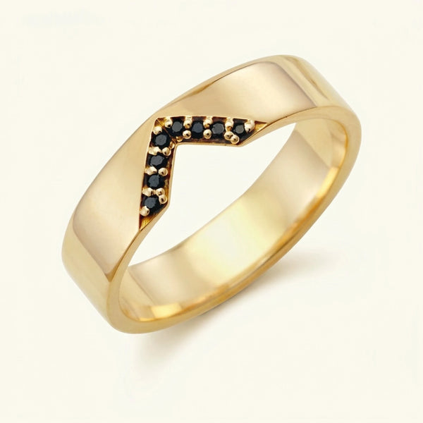 Bague en V pavée de diamants noirs pour homme en or jaune