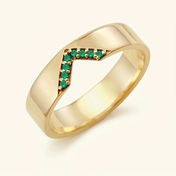 Bague en V pavée d'émeraudes pour homme en or jaune