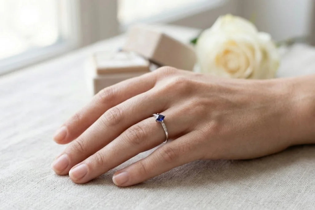 Bague en or blanc 18 carats sertie d'un saphir bleu taille princesse et diamants, portée à l'annulaire