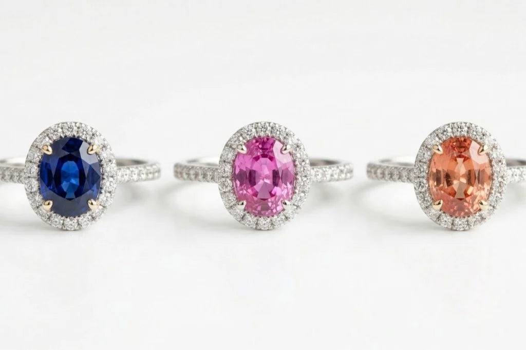 Bagues de fiançailles saphir bleu royal, rose et padparadscha avec halo de diamants sur fond neutre