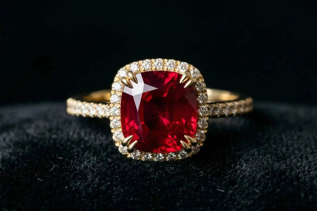 Bague rubis sang de pigeon en or jaune 18 carats, collection Mayuri