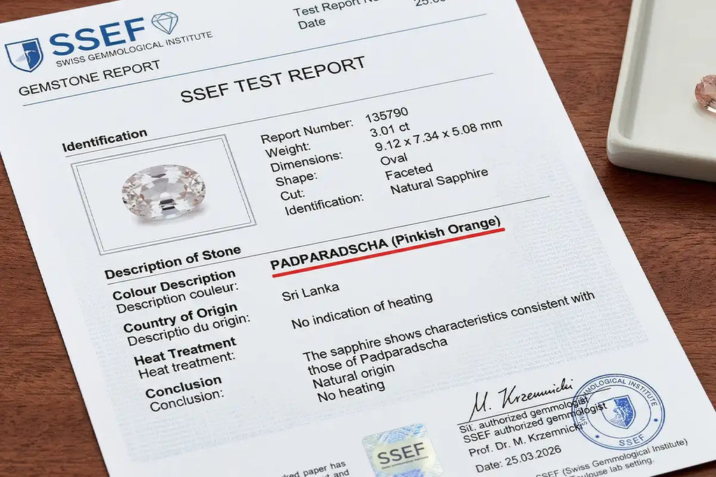 Certificat de laboratoire SSEF attestant la couleur padparadscha d'un saphir de Sri Lanka