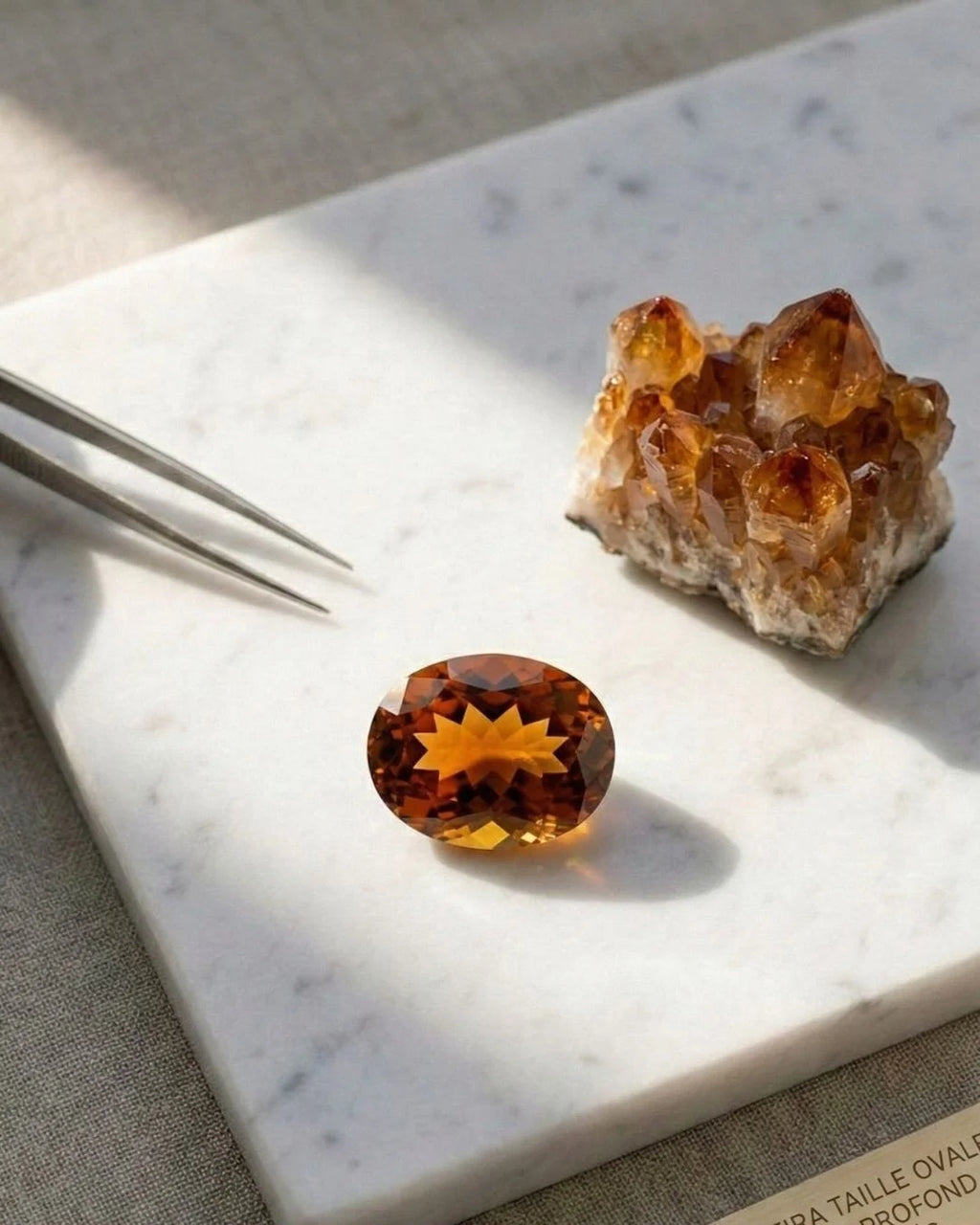 Citrine Madeira taille ovale montrant un orange-brun profond avec reflets dorés