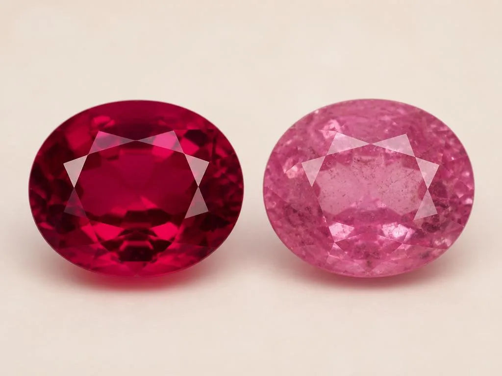 Comparaison visuelle de deux rubis : haute qualité rouge intense et qualité inférieure rose pâle