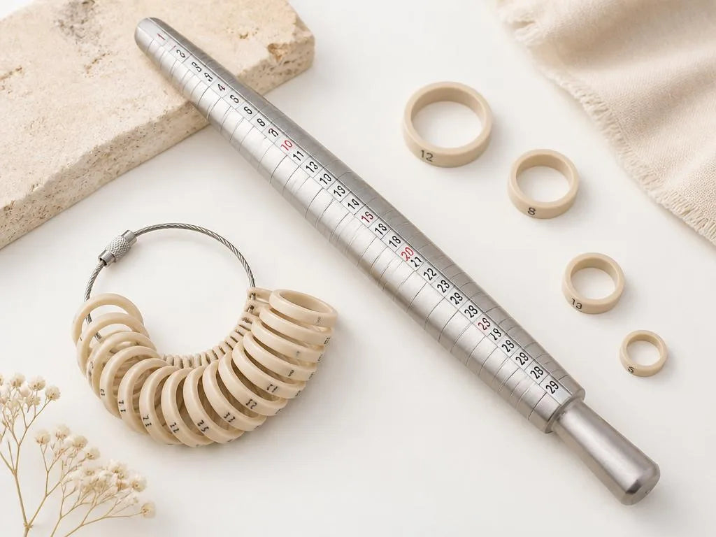 Baguier professionnel avec mandrin numéroté et bagues de mesure pour déterminer sa taille de bague