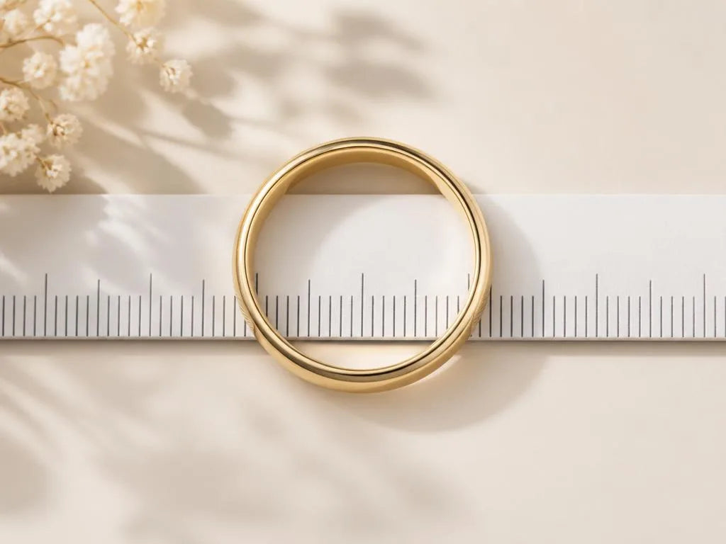 Alliance en or jaune 18 carats posée sur règle pour mesurer le diamètre intérieur et déterminer la taille