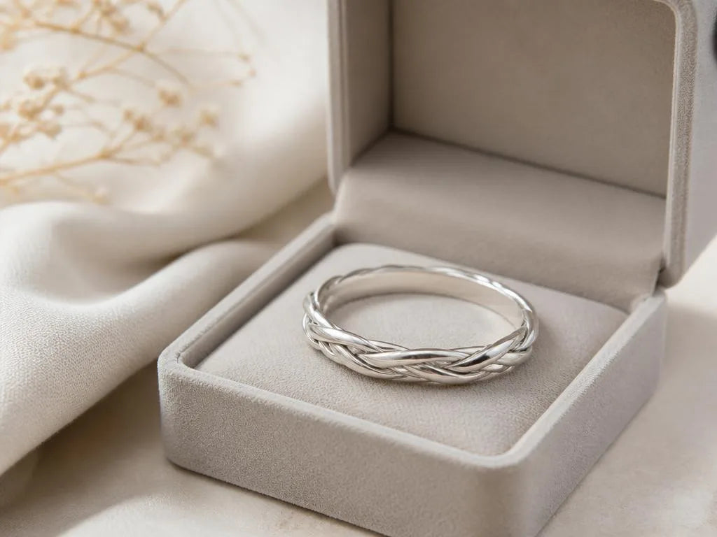 Bracelet tressé en argent 925 rangé dans un écrin en velours beige pour protection