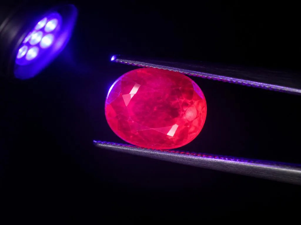 Test de fluorescence UV sur un rubis naturel sous lampe ultraviolette 365nm montrant une lueur rouge-rose