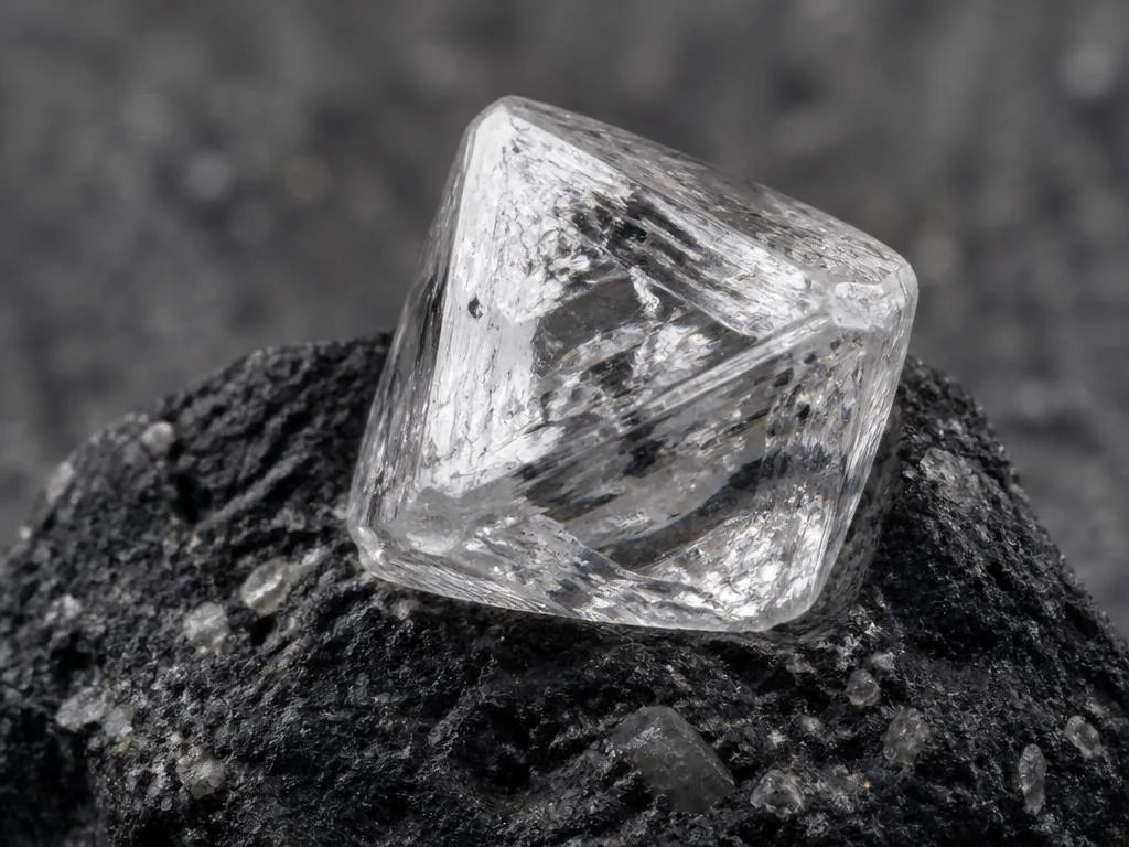 Cristal de diamant brut octaédrique translucide posé sur une roche volcanique de kimberlite noire