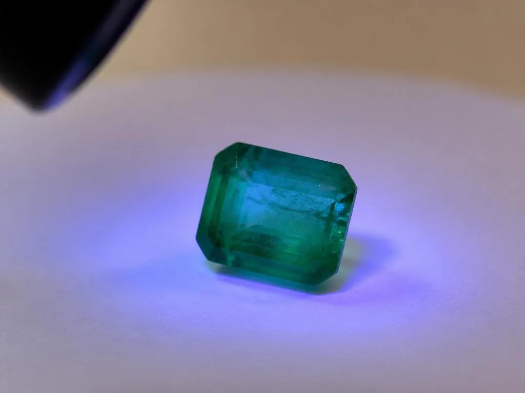 Emeraude naturelle sous lampe ultraviolette 365nm montrant une fluorescence faible, test gemmologique