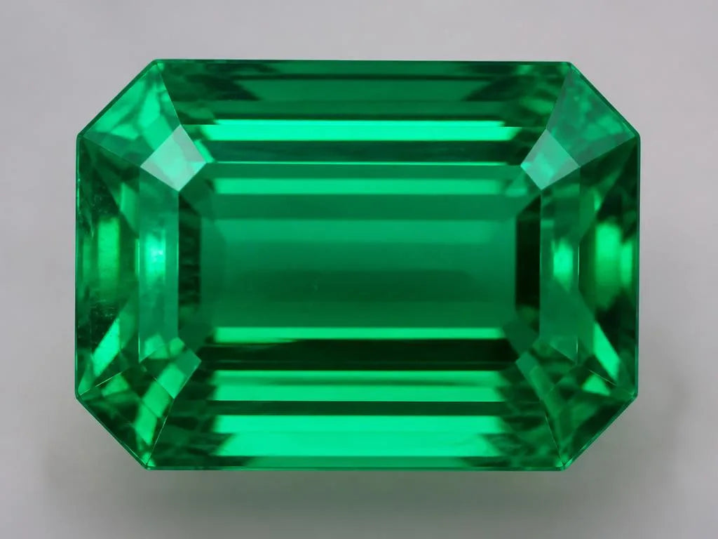 Émeraude naturelle taillée en taille émeraude montrant la couleur vert saturé caractéristique de la gemme