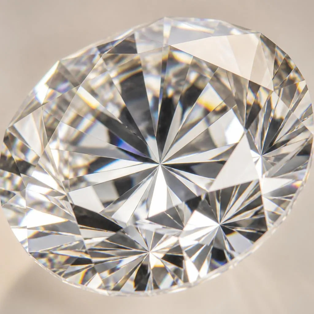 Diamant blanc taillé brillant montrant les facettes et la dispersion des feux arc-en-ciel caractéristiques