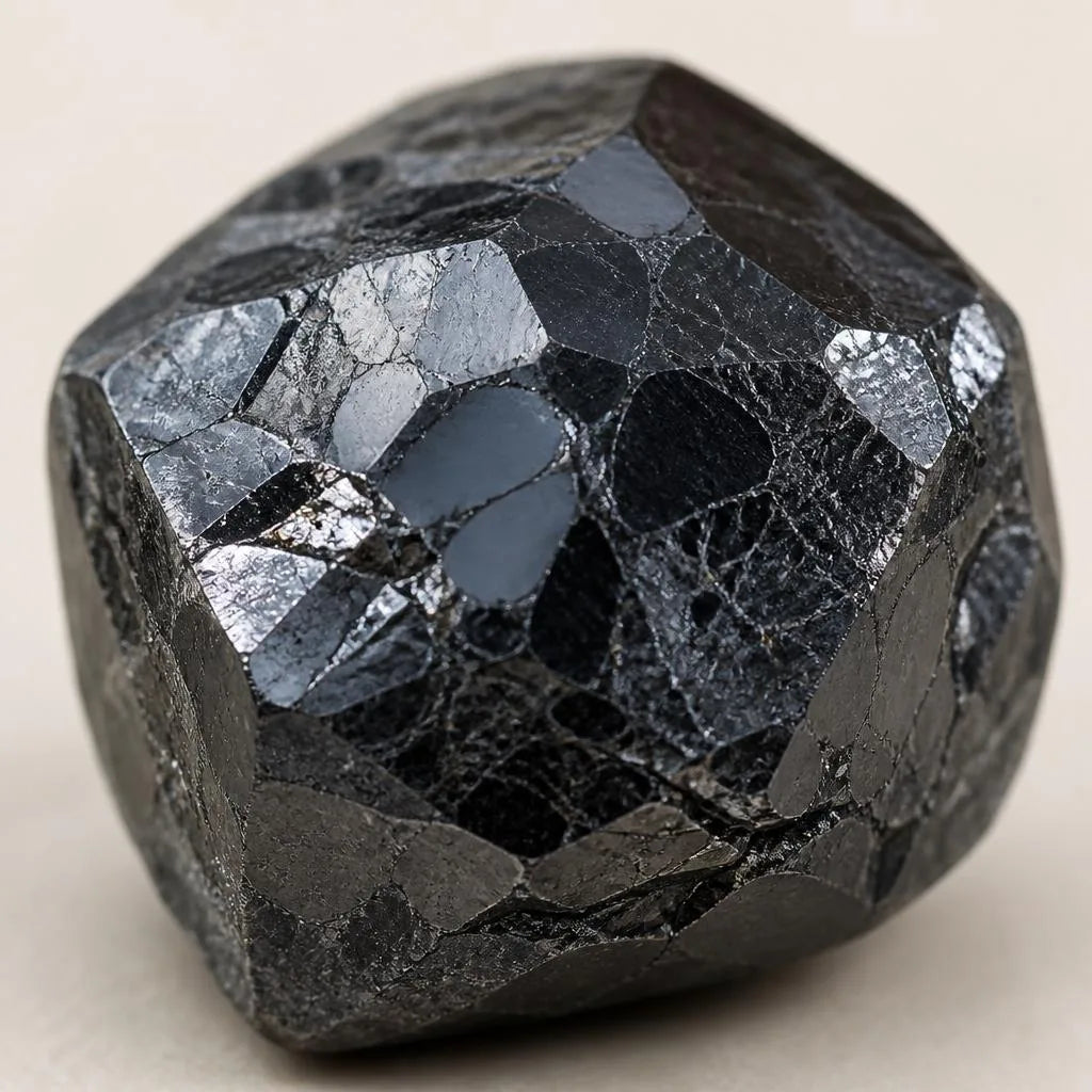 Diamant noir carbonado taillé montrant la structure polycristalline opaque et les reflets miroir caractéristiques