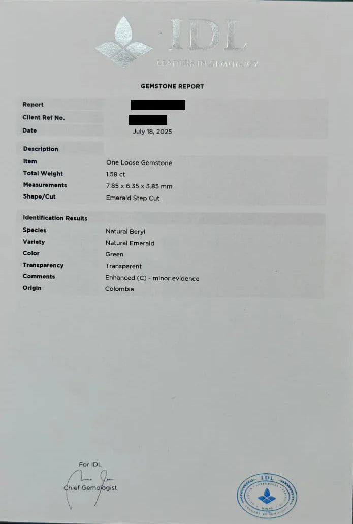 Certificat gemmologique IDL d'une émeraude naturelle colombienne de 1.58 carat certifiée Natural Beryl