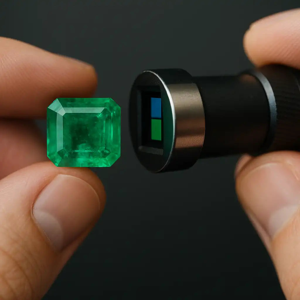 Émeraude naturelle analysée avec un dichroscope montrant deux teintes de vert différentes