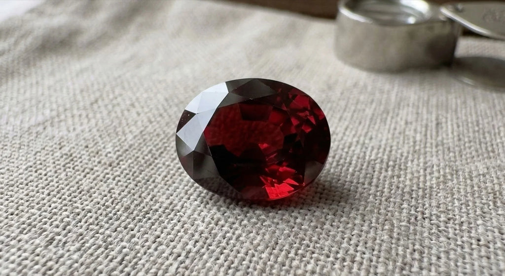 Grenat rouge taille ovale en lumière naturelle montrant un éclat rouge profond