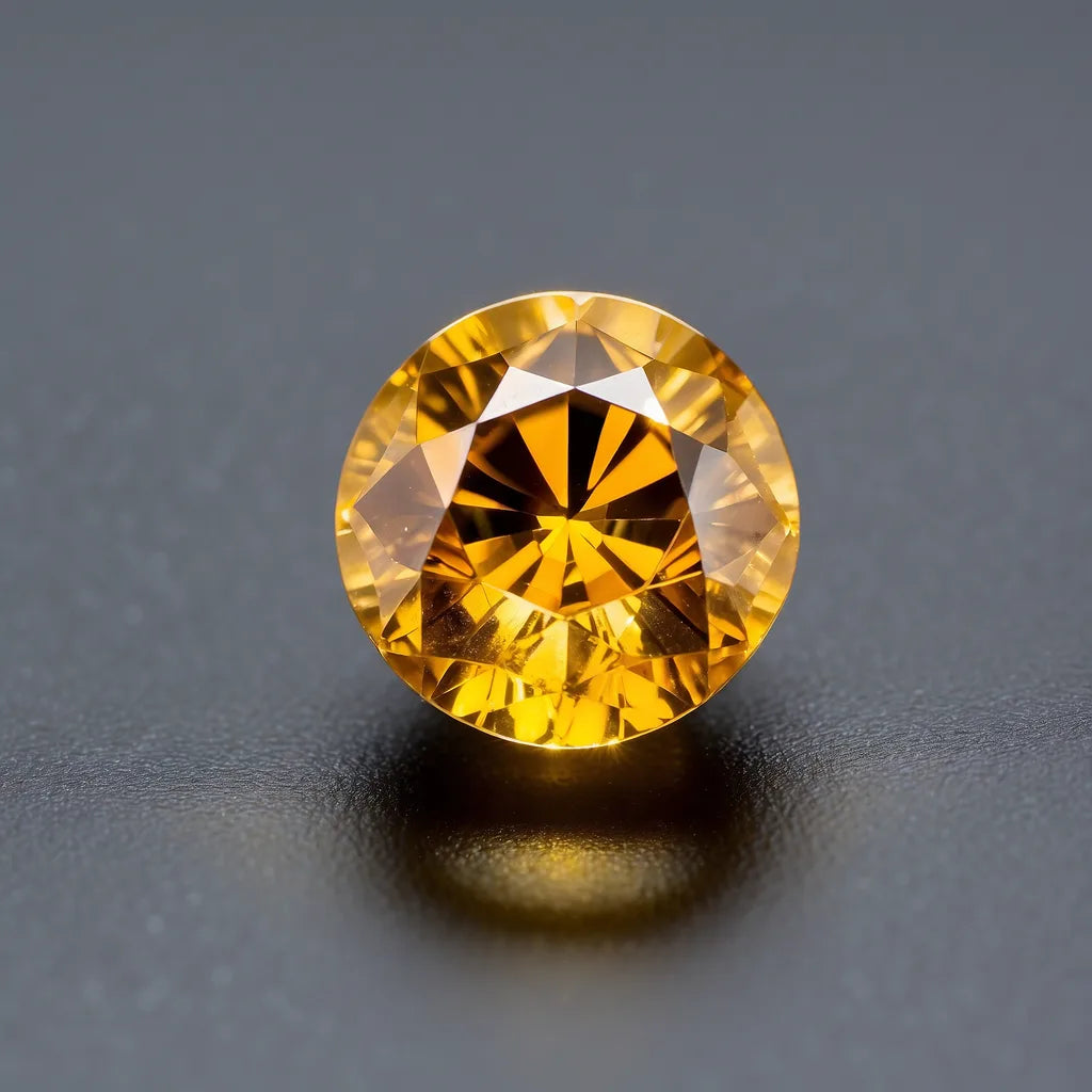Saphir jaune naturel facetté en taille ronde montrant l'éclat et les reflets dorés de la pierre précieuse
