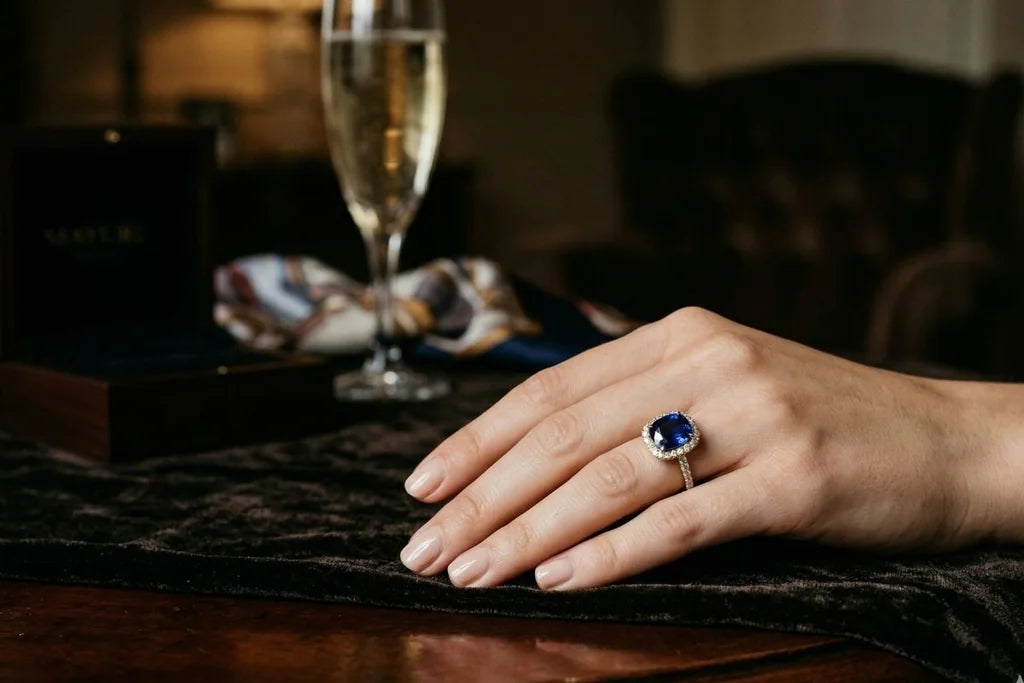 Bague saphir bleu profond taille coussin entourée de diamants, portée à l'annulaire