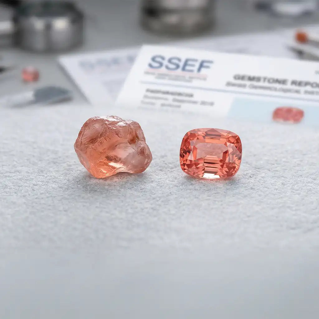 Saphir padparadscha de Sri Lanka, couleur rose-orangé saumon, fond gris neige