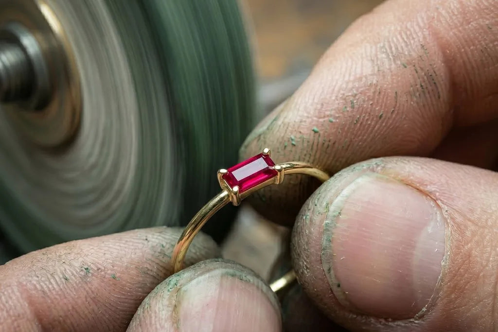 Polissage artisanal d'une bague en or jaune 18 carats dans l'atelier Mayuri, entretien professionnel